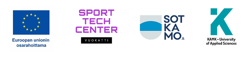 Logopalkki, jossa Euroopan unionin osarahoittama -logo, sekä Sport tech center Vuokatin, Sotkamon kunnan ja Kajaanin ammattikorkeakoulun logo