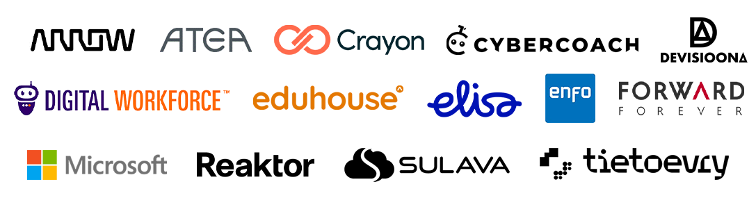Logos for Arrow, Atea, Crayon, Cybercoach, Devisioona, Digital workforce, Sovelto Eduhouse, Elisa, Enfo, Forward forever, Microsoft, Reaktor, Sulava and Tietoevry