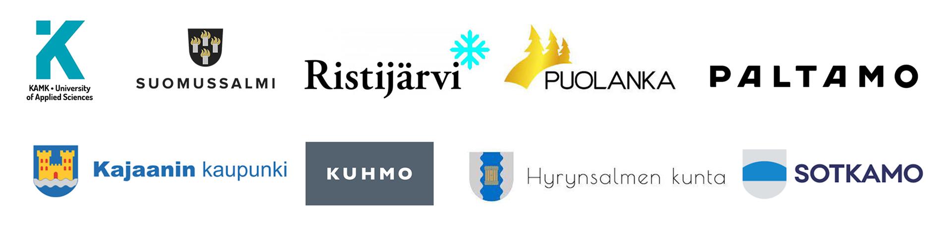 Kuvassa logot: KAMK, Suomussalmi, Ristijärvi, Puolanka, Paltamo, Kajaanin kaupunki, Kuhmo, Hyrynsalmi ja Sotkamo