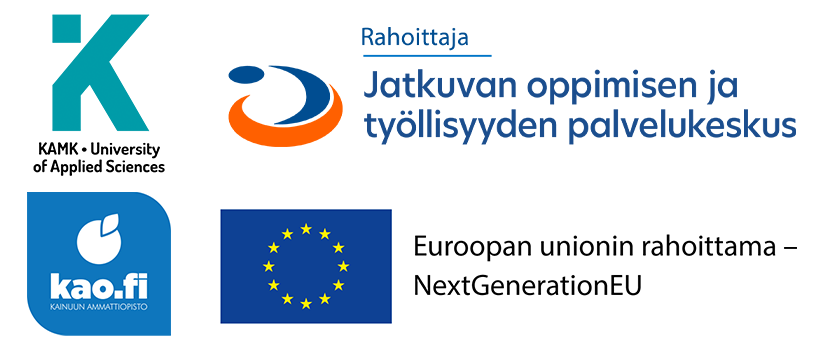 Kuvassa KAMKin, KAOn, Jatkuvan oppimisen ja työllisyyden palvelukeskuksen sekä NextGenerationEU:n logot