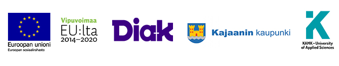 Kuvassa logot: Euroopan unionin sosiaalirahasto, vipuvoimaa EU:lta, Diak ammattikorkeakoulun logo, Kajaanin kaupungin logo ja Kajaani ammattikorkeakoulun logo.