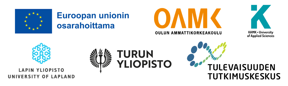 Logopalkki, jossa Euroopan unionin osarahoittama -logo, Oulun ammattikorkeakoulun, Kajaanin ammattikorkeakoulun, Lapin yliopiston, Turun yliopiston sekä Tulevaisuuden tutkimuskeskuksen logot